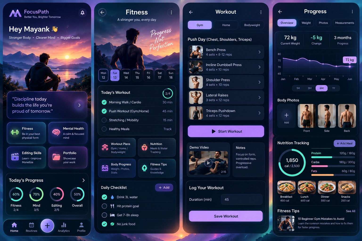 FocusPath fitness and productivity mobile interface screens